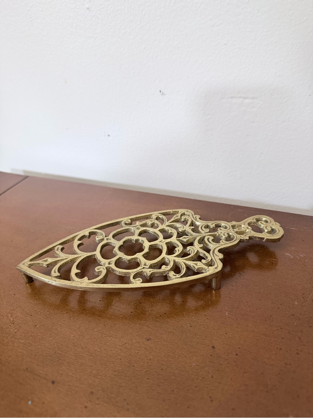 Vintage Solid Brass Ornate Spade Iron Shaped Trivet Neoclassical Mcm Boho Kitch